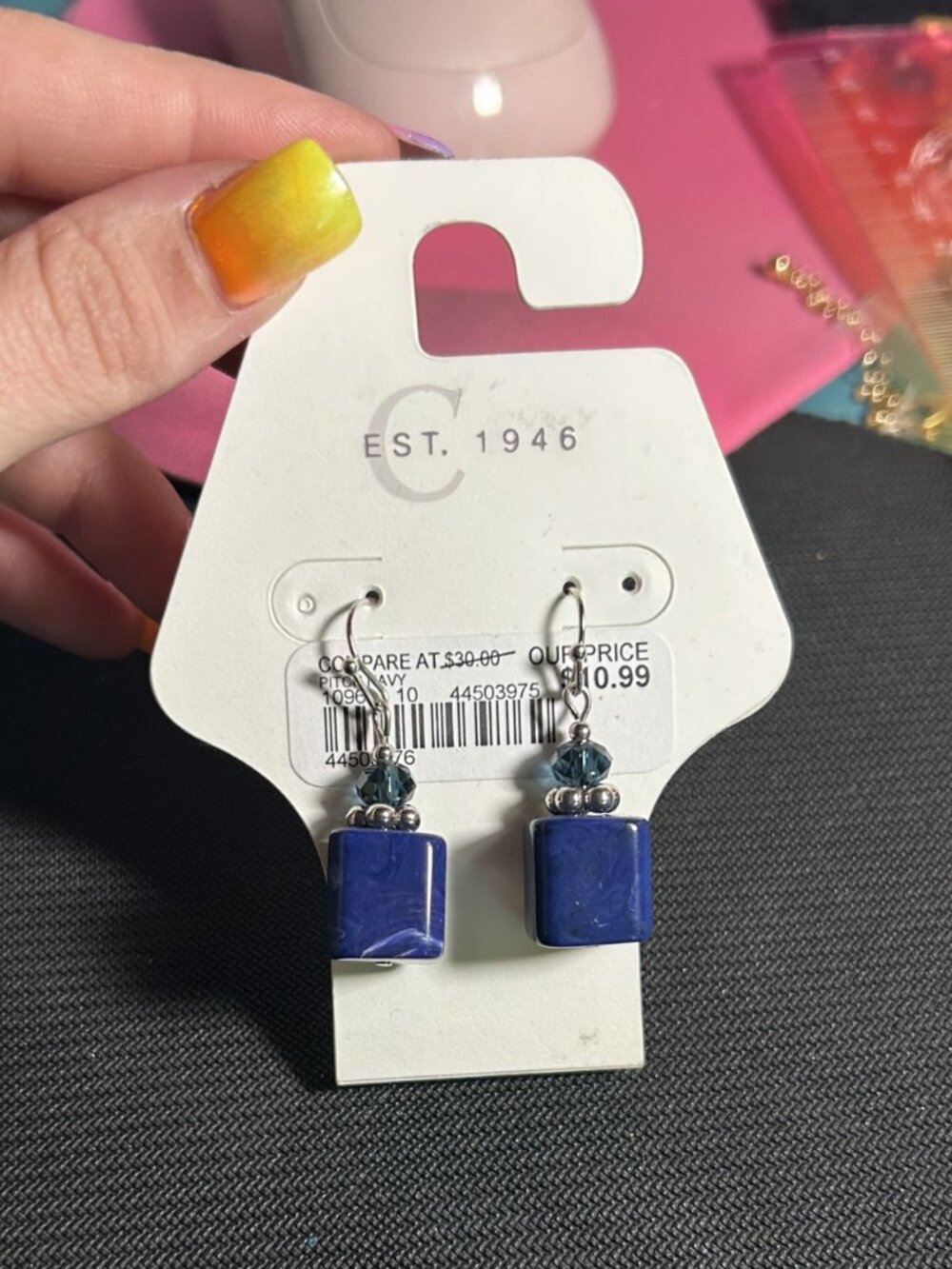 Cato Navy Blue Marbled Cube Dangle Drop Earrings NWT